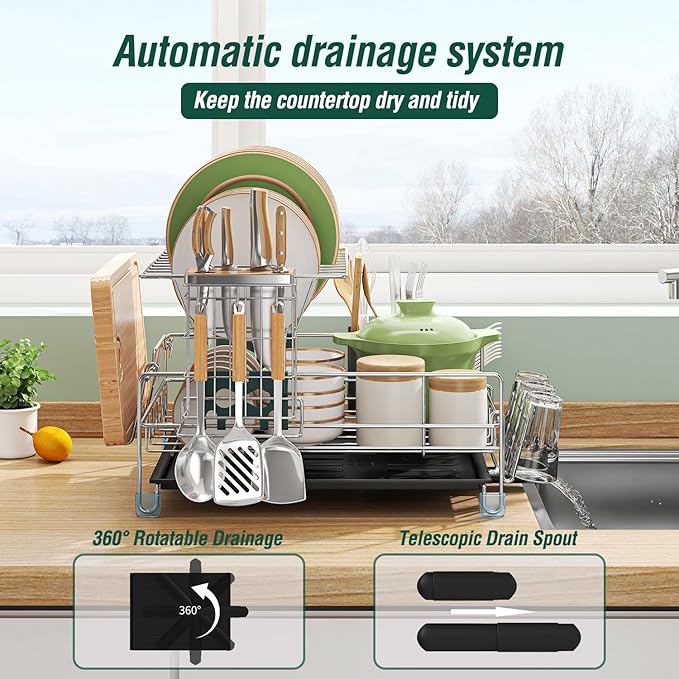 Dish Drying Rack - Large Capacity Stainless Steel Dish Rack for Kitchen Counter, 2-Tier Detachable Kitchen Organizers and Storage Rack with Drainboard and Cutlery Holder, Silver