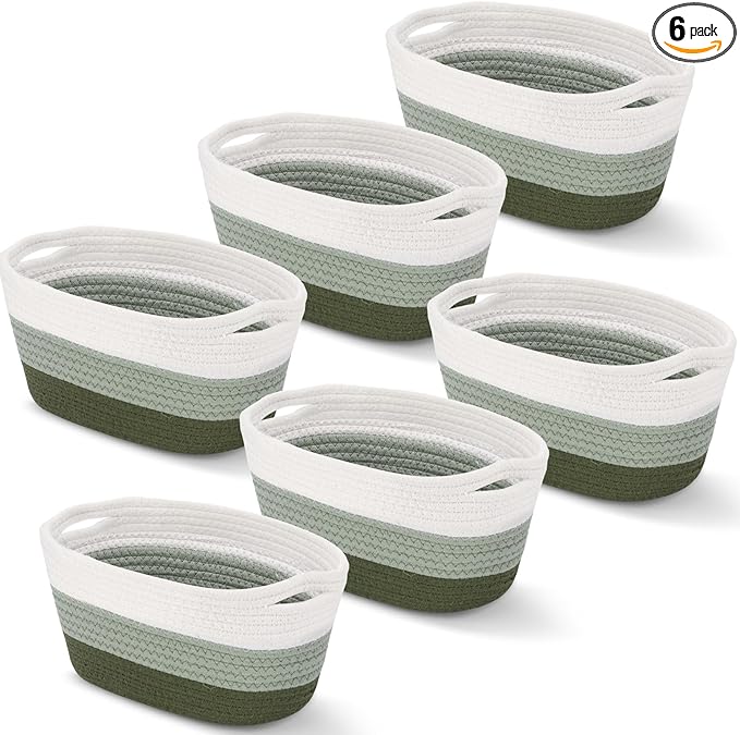 Sawysine 6 Pcs Storage Baskets Bulk for Organizing Cotton Rope Woven Basket with Handles for Gift Cloth Shelves Blanket Toys Living Room Bathroom(Green and White)