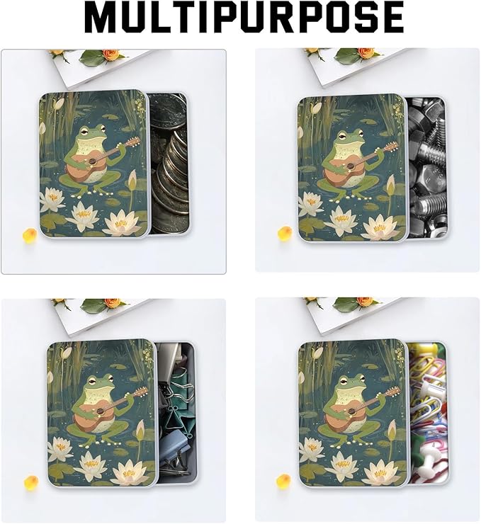 Metal Tin Box with Lid,Multi-functional Storage Box Can Store Tea Biscuits Game Cards, Playing & Tarot Cards-Comes with 4 Magnetic Cord Clips,Frog Playing Guitar