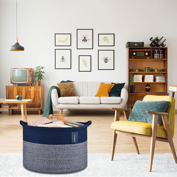COMSE Extra Large Blanket Basket, Woven Laundry Basket, 21.7âx 13.8â, Nursery Hamper, Cotton Rope Laundry Hamper Living Room for Storage Toys Clothes Towels (Navy Blue)