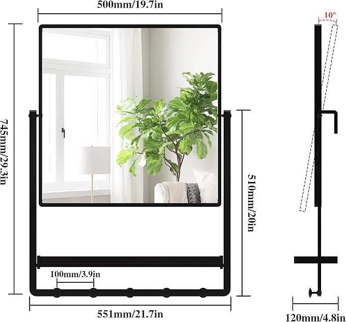 WONSTART Modern Black Square Wall Mirror with Shelf and Hooks, 21.7 x 29.3 Inch Large Bathroom Mirror with 10° Adjustable Tilt for Entryway, Living Room, Hallway, Bedroom