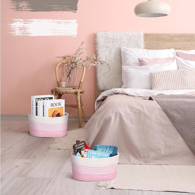 Sawysine 6 Pcs Cotton Rope Woven Basket for Storage Baskets for Organizing Storage Baskets Rope Basket with Handles for Cloth Blanket Toys Living Room Bathroom Laundry (Pink and White)