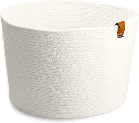 DENJA & CO Extra Large Blanket Basket for Living Room - White Farmhouse Woven Baskets for Storage | Cotton Rope Large Baskets for Blankets, Pillows, Toys, or Laundry | Ivory White (21" Wide x 13.8" Tall)