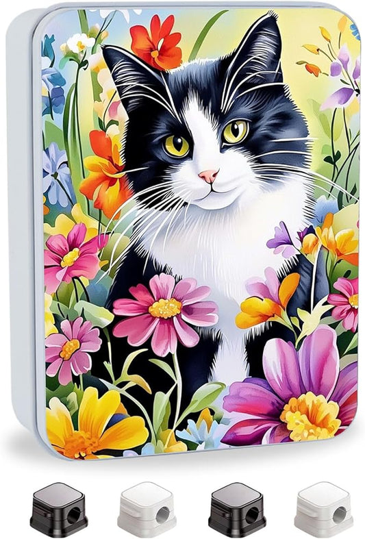 Metal Tin Box with Lid,Multi-functional Storage Large Box Can Store Tea Biscuits Game Cards, Playing & Tarot Cards-Comes with 4 Magnetic Cord Clips,Tuxedo Cat in Flowers