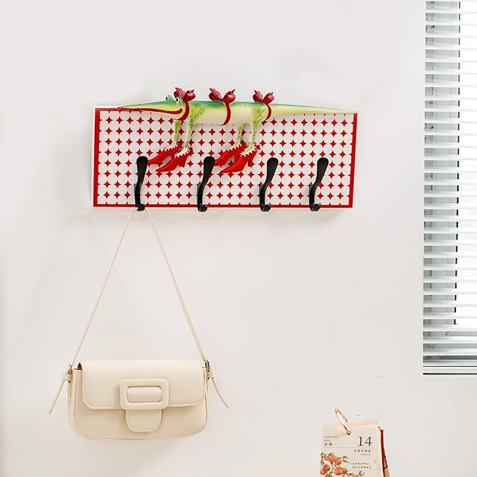 Decorative Wall Hook Rack with 4 Metal Hooks, 18" x 8" Red and White Vintage Plaid Panel, Whimsical Crocodile Wall Decor Organizer for Entryway, Kitchen, Living Room
