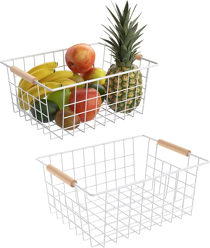Wire Basket with Wooden Handle, Metal Utility Storage Basket for Organizing Kitchen Pantry Cabinets, Closet and Garage Shelves Drawers, Office Metal Basket Storage Organizer with Handle (White 2 Pack)