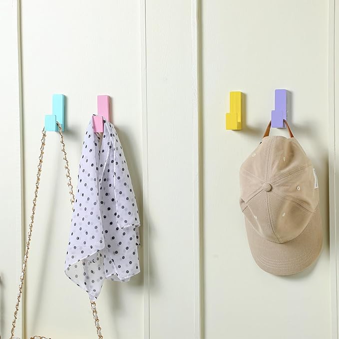6 Pack Cute Kids Coat Wall Hooks Wooden Adhesive Decorative Colorful Wall Mounted Hangers Backpack Hooks for Hanging Keys Towel Clothes Bathroom Organization(Pastel)