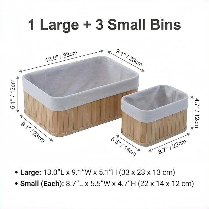 Pwryon Deosur 4-Pack Bamboo Storage Baskets with Removable Washable Liners – Natural Woven Organizers for Closet, Bathroom, Bedroom & Pantry
