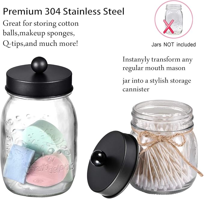 Mason Jar Bathroom Accessories Lids Set(4pcs) - Jars Not Included - Soap Dispenser,Toothbrush Holder, Apothecary Jars Lids for Regular Mouth Mason Jars - Rustproof Stainless Steel，Black