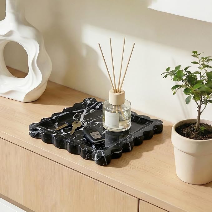 Elegant Square Marble Decorative Tray with Scalloped Edge Natural Stone Vanity Tray Organizer for Counter, Vanity, Dresser, Nightstand, Bathroom & Kitchen Sink(Black)