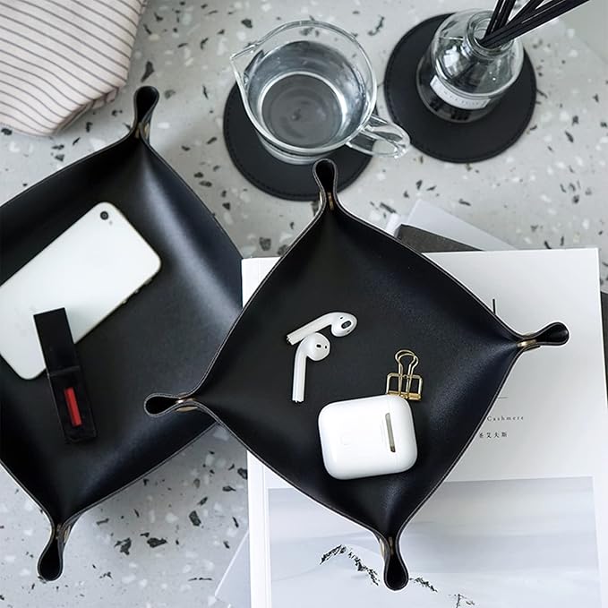 Valet Tray, Leather Tray, Small Catchall Tray, Foldable Jewelry Travel Organizer, Suitable for Travel, Storage, Nightstand, Home or Office (Black-S)