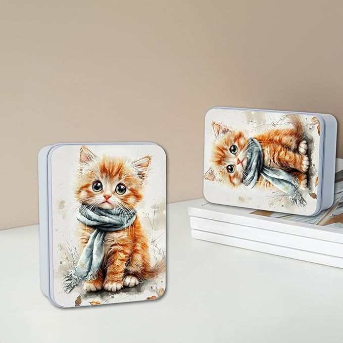 Metal Tin Box with Lid,Multi-functional Storage Box Can Store Tea Biscuits Game Cards, Playing & Tarot Cards-Comes with 4 Magnetic Cord Clips,Kitten with Blue Scarf