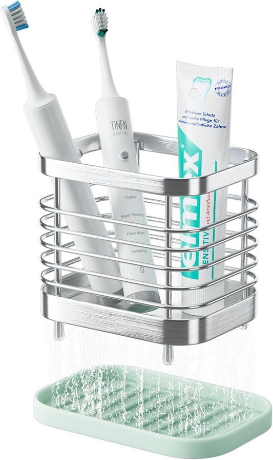 Tooth Brush Holder for Bathroom, Stainless Steel Shower Electric Toothbrush Holder Organizer Storage Cup with Tray, Kids Toothpaste Sink Caddy Stand, Silver Bathroom Countertop Accessories Decor