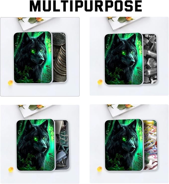 Metal Tin Box with Lid,Multi-functional Storage Large Box Can Store Tea Biscuits Game Cards, Playing & Tarot Cards-Comes with 4 Magnetic Cord Clips,Wolf with Glowing Green Eyes