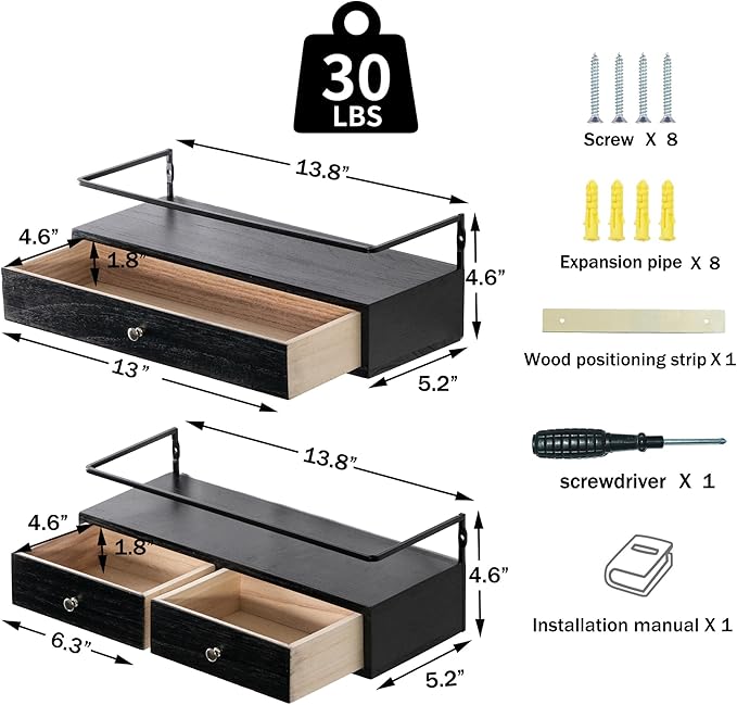 Floating Shelves - Wall Mounted Bathroom Shelf Set of 2 with Drawers, Rustic Wood Shelves for Bedroom, Living Room, Kitchen, Home Decor, Plants, Books (Black)