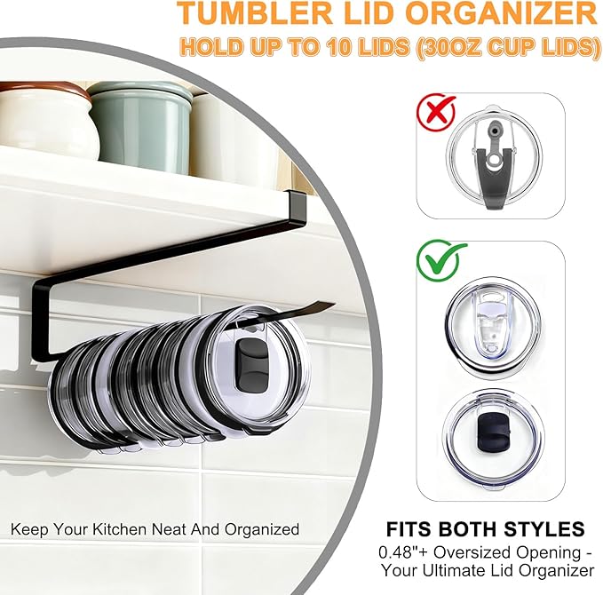 Tumbler Lid Organizer for Cabinet - Behind Door & Under Shelf Mount, Kezvulp No-Drill Holder (10-12 Capacity), Space Saving Anti-Drop Rustproof Rack, Fits 24oz Tumbler & 30/40oz Water Bottle Lids