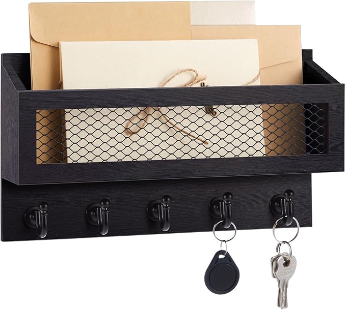 Magnetic Mail and Key Holder for Wall Fridge Wooden Mail Organizer with 5 Key Hooks for Home Bedroom Fridge Kitchen Decorative(Black)