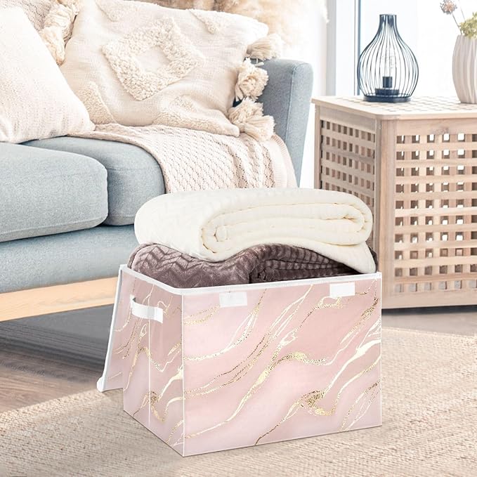 senya Storage Baskets Collapsible Storage Bins with Lids, Rose Gold Pink Marble Boxes Clothes Baskets for Organizing