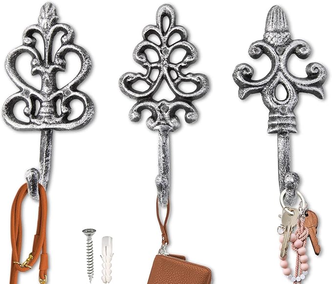 Comfify Shabby Chic Decorative Wall Hooks - Set of 3 - Cast Iron French Country Wall Decor - Farmhouse Hangers for Coats, Purses and More - Silver with Black