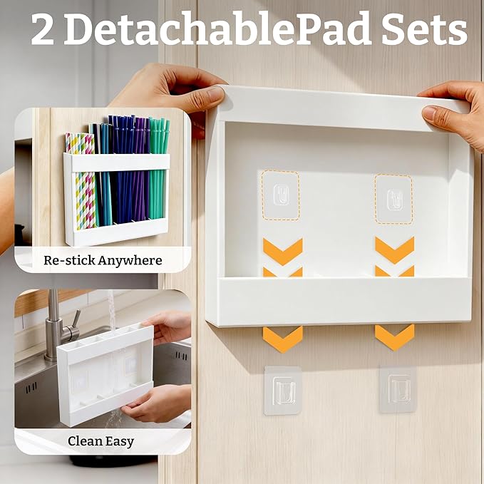 9.5” Large Acrylic Straw Holder for Cabinet Door with Detachable Ultra Sticky Adhesive Squares and Stickers, 2026 Reusable Straws Organizer Storage Dispenser for Kitchen Counter Cupboard