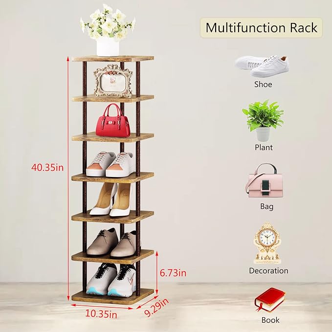 SORCEDAS 7 Tiers Vertical Shoe Rack Wooden Shoe Storage Organizer for Space Saving Narrow Shoe Shelf Storage 7 Pairs for Entryway Living Room Bedroom(Bronze + Rustic Dark Brown)