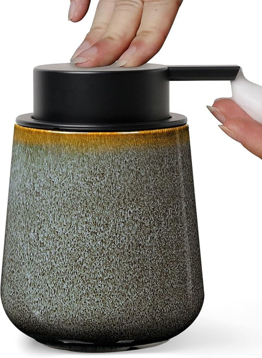 INGOFIN Ceramic Foaming Soap Dispenser -12oz Foam Hand Soap Dispenser Bathroom, Modern Refillable Dish Wash Soap Bottle for Kitchen with Large Pump -Kiln-Glazed Blue Green