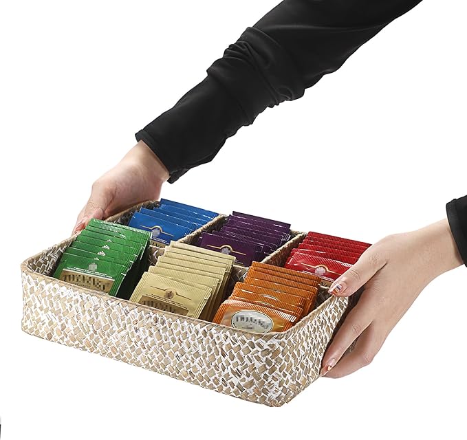 ELLDOO Tea Bag Organizer Tray, Sugar Packet Holder Coffee Pod Storage Condiment Organizer Seagrass Divided Basket for Pantry Coffee Bar Drawer Shelf Countertop, Whitewash