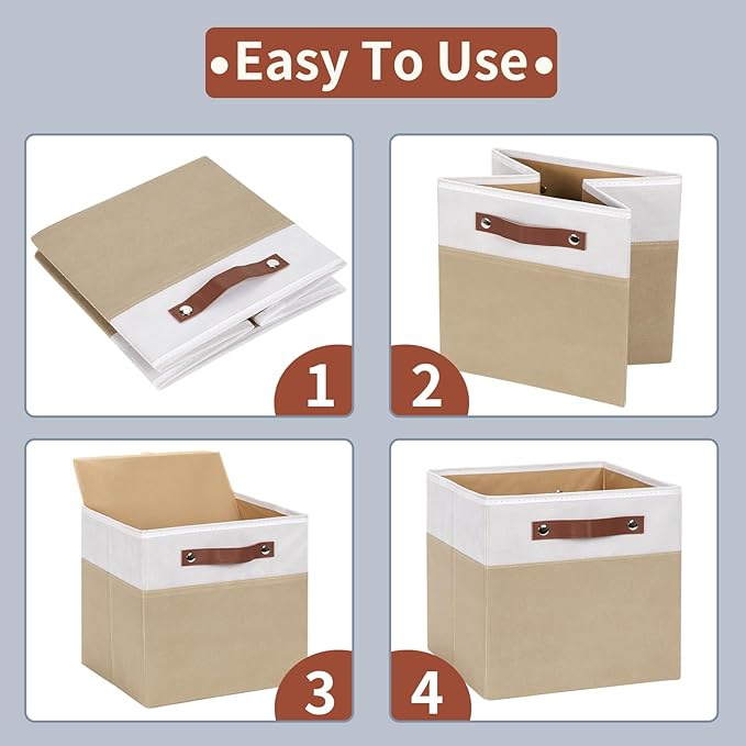 HNZIGE Cube Storage Organizer Bins,Shelf Fabric Storage Bin 11 x 11, 6 PCS Canvas Linen Organizers Bins,Decorative Storage Cube Bin for Storage Blanket Home, Office(White Beige)