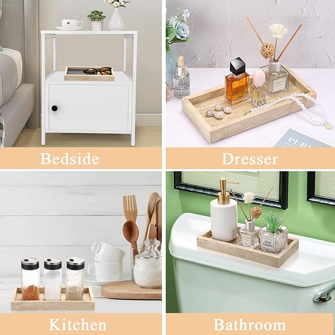 Hipiwe Natural Travertine Tray Vanity Decorative Tray Rectangular Perfume Trays Bathroom Countertop Storage Catchall Trays for Vanity Jewelry Trinket Candles Organizer, 9.8"x4.7"x1.2"