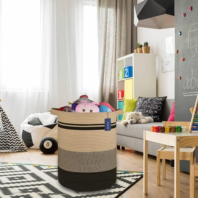COMSE Extra Large Blanket Basket, Tall Laundry Basket, Nursery Hamper, 15.7âx 21.7â, Cotton Rope Woven Laundry Hamper for Storage Toys Clothes Towels, Brown/Black