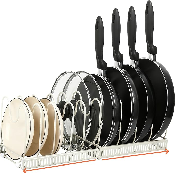 Expandable Under Cabinet Organizer Rack for Pots, Pans, Lids & Bakeware - Adjustable 10-Compartment Kitchen Storage Holder for Cabinet Door, Fits Cutting Boards, White, Expandable 11.81''-22.85''