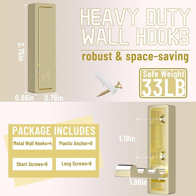 Wall Hooks for Hanging Coat, Heavy Duty Metal Hooks with Folding Storage Foldable Wall Hooks for Entryway Bathroom Kitchen Bags Towels Closet, 4Pcs Gold