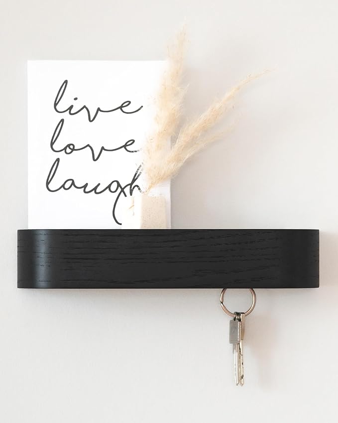 Kazai.® Key Holder 'Toke' | Minimalist Key Hook Design from Berlin | Modern Key Holder Wall Mount with Wooden Shelf | Key Rack for Wall as Entryway Organizer | Oak, Black