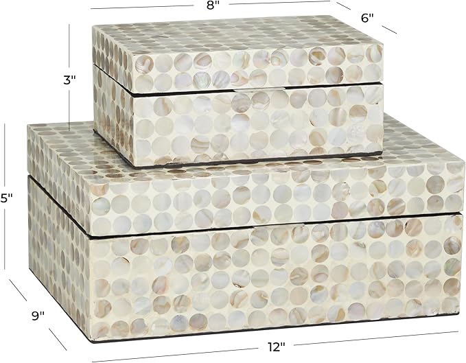 Deco 79 Mother of Pearl Shell Geometric Handmade Decorative Box Decorative Keepsake Boxes with Hinged Lid, Set of 2 Storage Boxes 12", 8"W, Cream