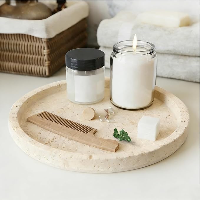 Natural Marble Tray, Round Tray for Bedroom/Bathroom/Kitchen/Vanity Countertop, Jewelry Tray for Rings Earrings Necklace Bracelet Watch, Room Decor Aesthetic
