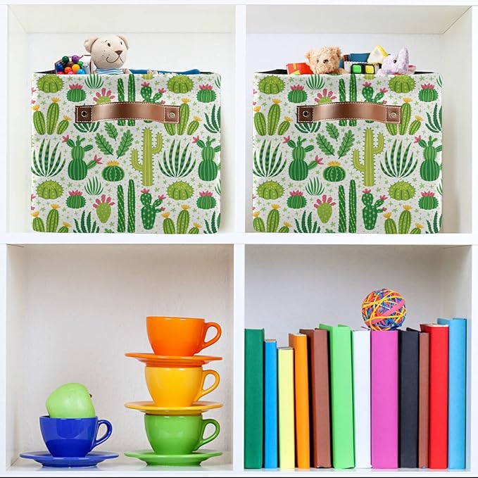 Bolaz Large Storage Basket Green Cacti Cactus Foldable Storage Box Organizer Bins with Handles for Bedroom Home Office