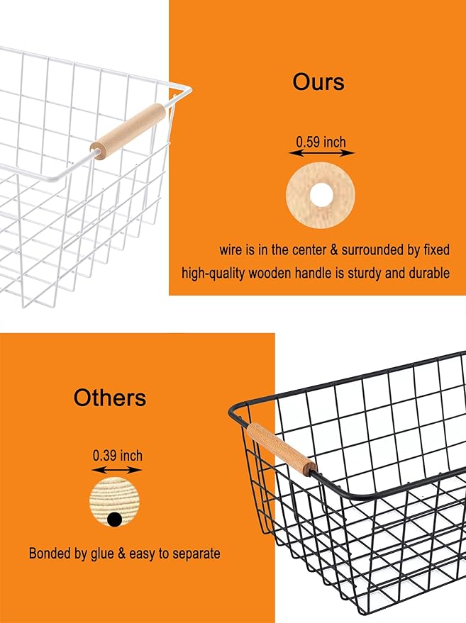 Baskets for household purposes, Wire Basket with Wooden Handle, Metal Utility Storage Basket for Organizing Kitchen Pantry Cabinets, Metal Basket Storage Organizer (Black 2 Pack)