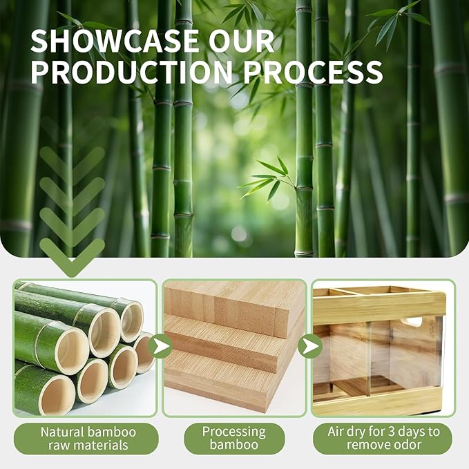 Farmhouse Bamboo Utensil Organizer - 6 Adjustable Compartments, Water-Absorbing Diatomaceous Earth Base for Kitchen Counter/Party (12.6" L x 4.8" W x 5.9" H)