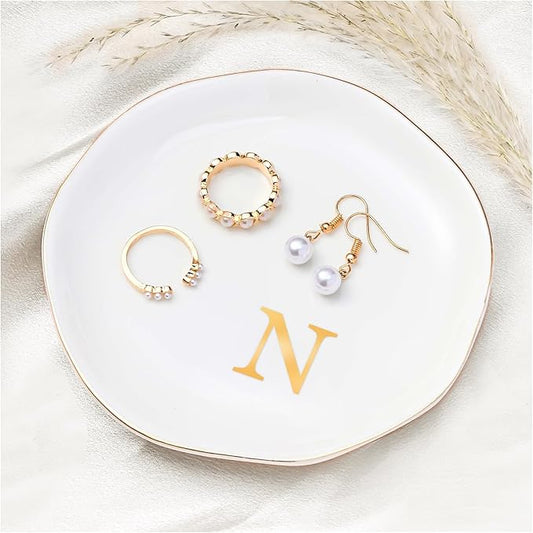 ProCase Ceramic Jewelry Tray, Initial Ring Dish Trinket Plate Engagement Gift, Small Personalized Monogram Ring Bowl for Wedding, White Decorative Jewelry Holder for Women Vanity -Letter N