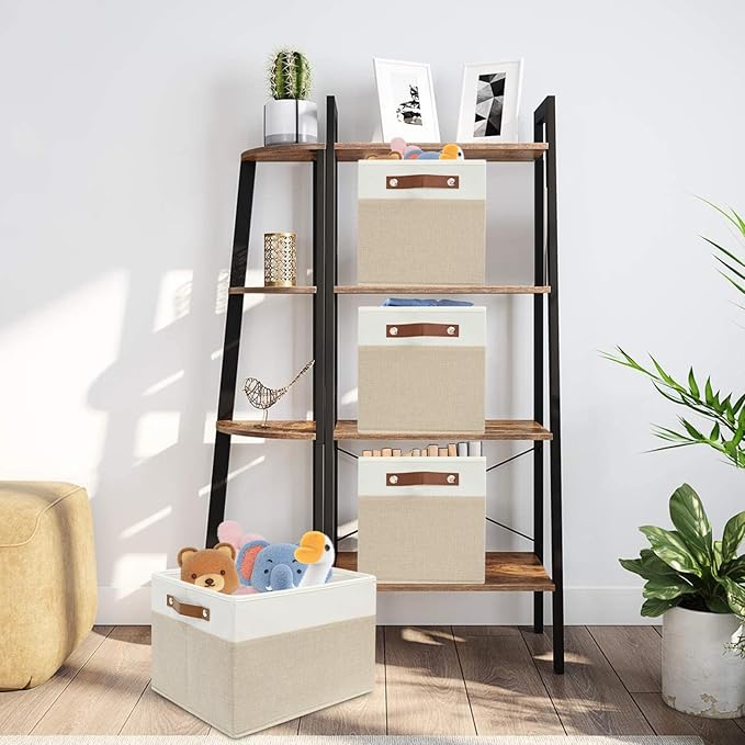 6 Pack Fabric Storage Baskets for Shelves , Closet Storage Bins for Shelves, Fabric Baskets for Organizing with Handles for Home and Office (White with Beige,15" L*10.2" W*9" H)