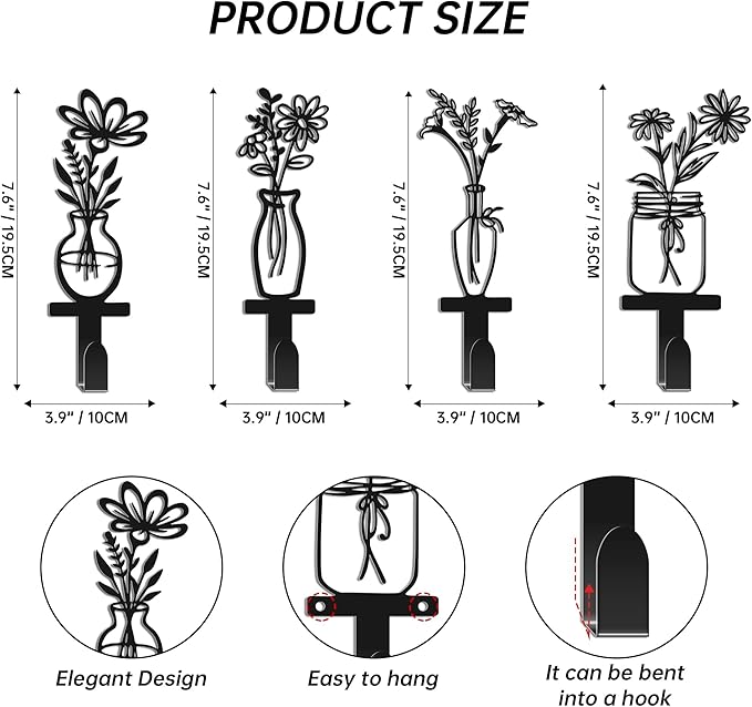 Decorative Wall Hooks, Metal Flowers Wall Decor with 4 Towel Hooks - Floral Vine Bathroom Hooks for Towels & Coats, Vintage Kitchen & Entryway Organizer