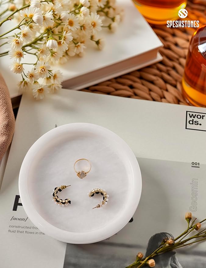 Marble Jewelry Dish 5 Inch Handmade White Jewelry Tray for Vanity Decor - Stone Trinket Dish, Marble Ring Holder, Key & Candle Plate for Entryway Table