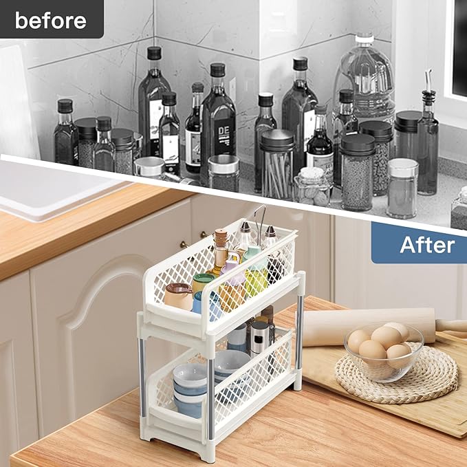Under Sink Organizer, 2 Tier Bathroom Organizer Under Sink, Pull-Out Sliding Under Kitchen Cabinet Storage Rack, Multi-purpose Organizer Storage Shelf for Bathroom Kitchen, White, 2 Pack
