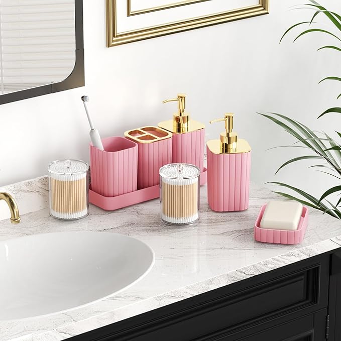 Bathroom Set with Shower Curtain and Rugs- 25PC Bathroom Accessory Set, Pink Bathroom Set, Toilet Brush, Trash Can, Qtip Holder & Soap Dispenser