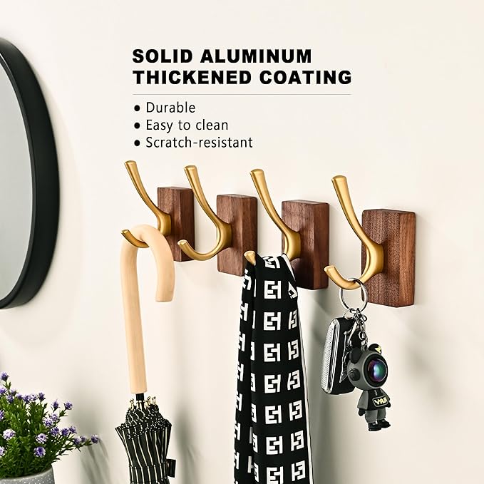 4 Pack Walnut Wood Wall Coat Hooks for Hanging, Adhesive Mounted & Wall Mount Heavy Duty Wooden Double Hook Hanger for Towel Backpack Hat Jacket Clothes Blanket Purse Robe Key Gold Hook
