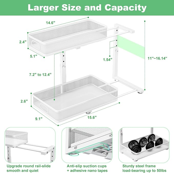 Under Sink Organizer, Height Adjustable 2 Tier Under Sink Organizers and Storage, Slide Out Metal Cabinet Organizers, Pull Out Sink Storage Drawer Shelf for Kitchen Bathroom Cabinet, White, 1 Pack