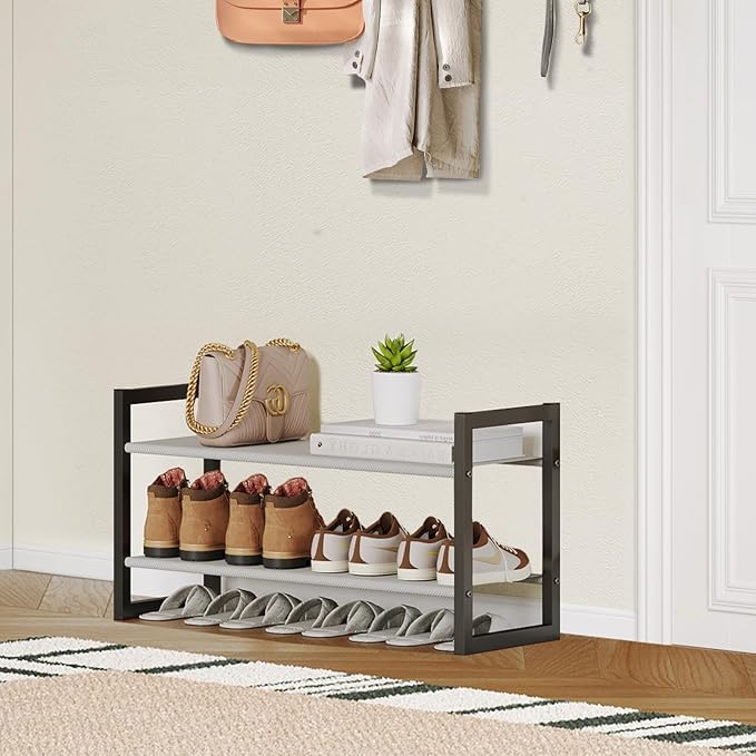 2-Tier Shoe Rack for Closet & Entryway, Stackable Shoe Organizer, Screw-Fastened Metal Frame for Less Wobble, Heel-Friendly Non-Woven Shelves, 11.8" Deep Space-Saving Shoe Storage (Black)