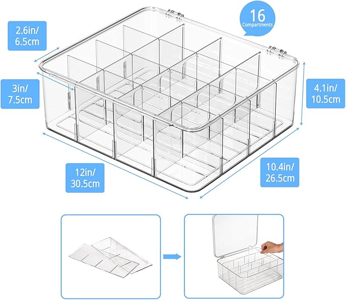 Tea Bags Organizer with Lids - Acrylic Tea Packet Organizer for Countertop Pantry, Stackable Clear Storage Box - Large 2pcs