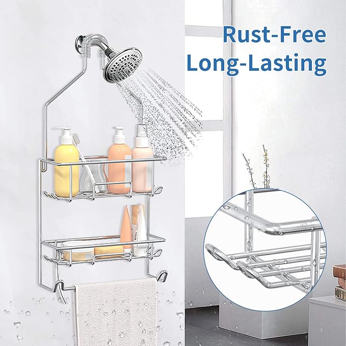 TreeLen Shower Caddy Hanging over Shower Head Shower Hanger Organizer with 10 hooks Bathroom Storage Shelf-Chrome