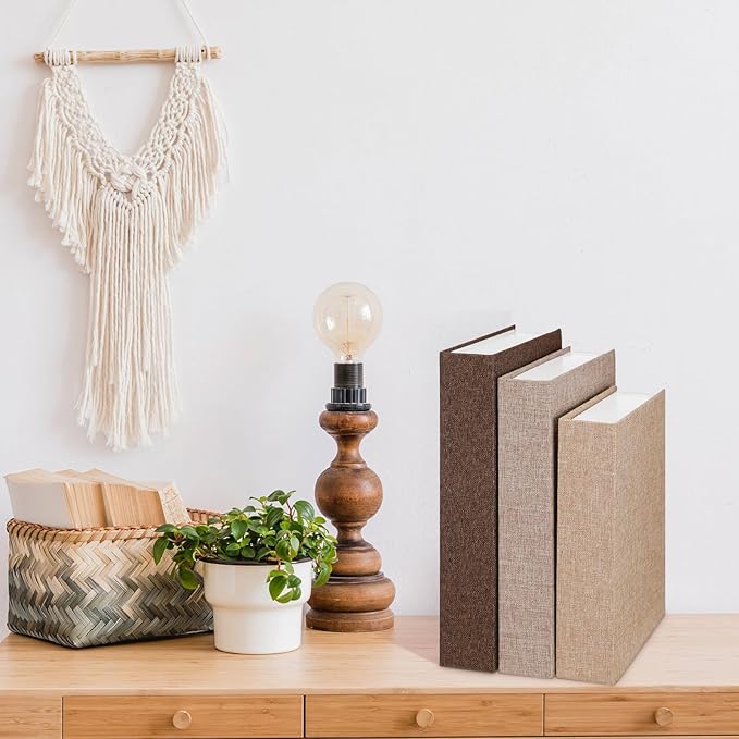 Tioncy 3 Pcs Fake Book Box Neutral Linen Book Box Decorative Faux Prop Storage for Farmhouse Home Decor shelf Table Card Photo DIY Keepsake Gift(Multi Sizes,Khaki, Dark Coffee, Light Coffee)